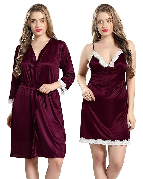 FlyNery Nighty for Women Stylish - Satin Night Dress for Woman with Robe, 2 Piec