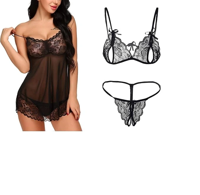 SSoShHub Lace Babydoll Lingerie Sexy Mini Chemise Mesh Wedding Nightie Bridal Ni